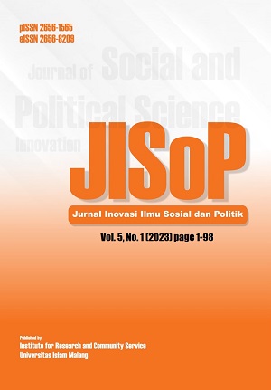 					View Vol. 5 No. 1 (2023): Jurnal Inovasi Ilmu Sosial dan Politik (JISoP)
				