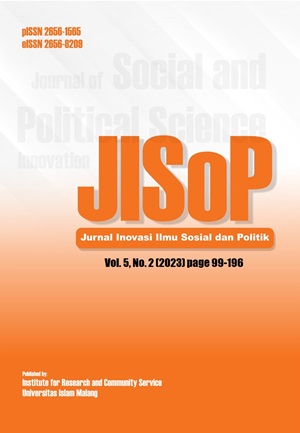 					View Vol. 5 No. 2 (2023): Jurnal Inovasi Ilmu Sosial dan Politik (JISoP)
				