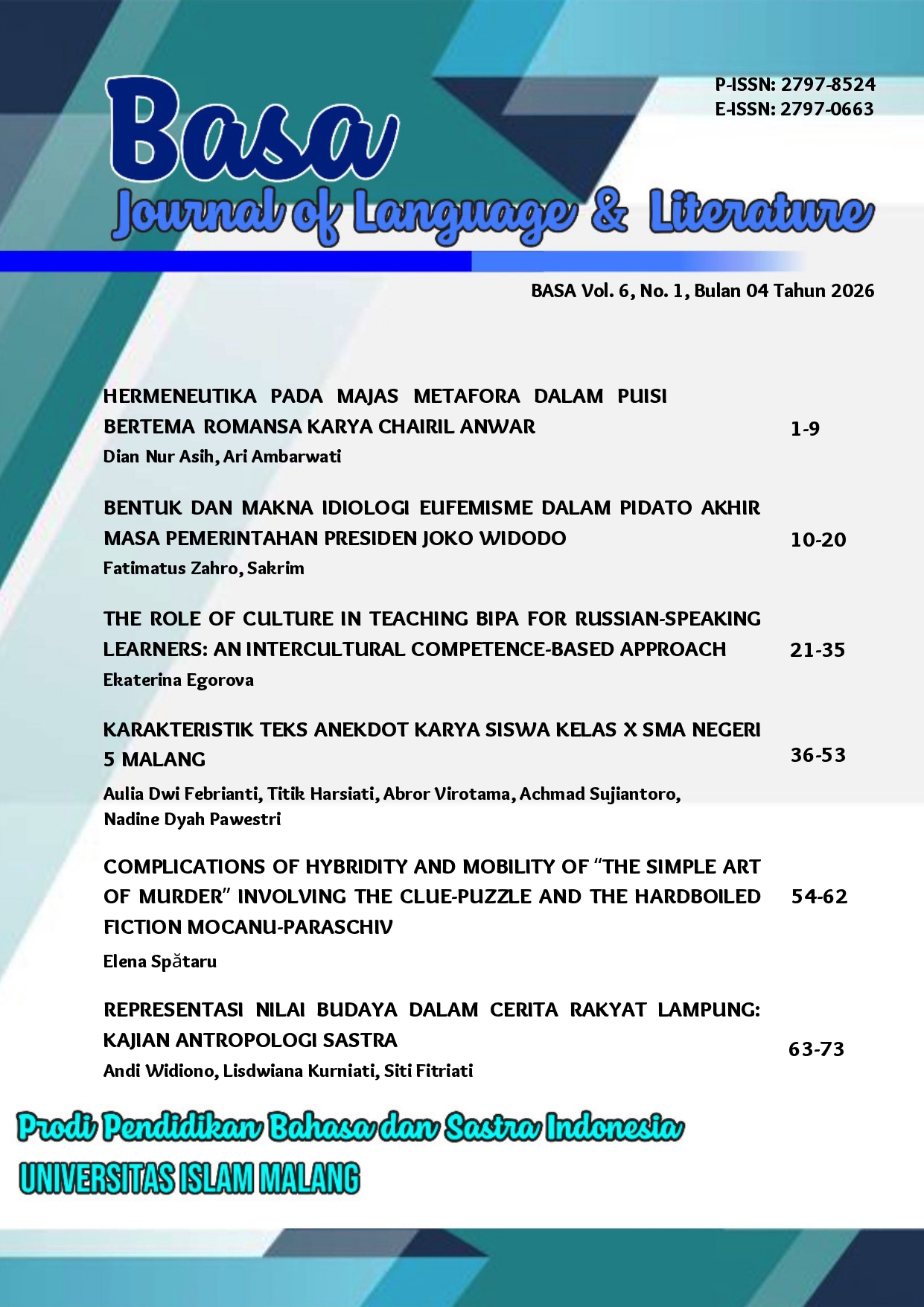 					View Vol. 6 No. 1 (2026): Basa Journal of Language & Literature
				